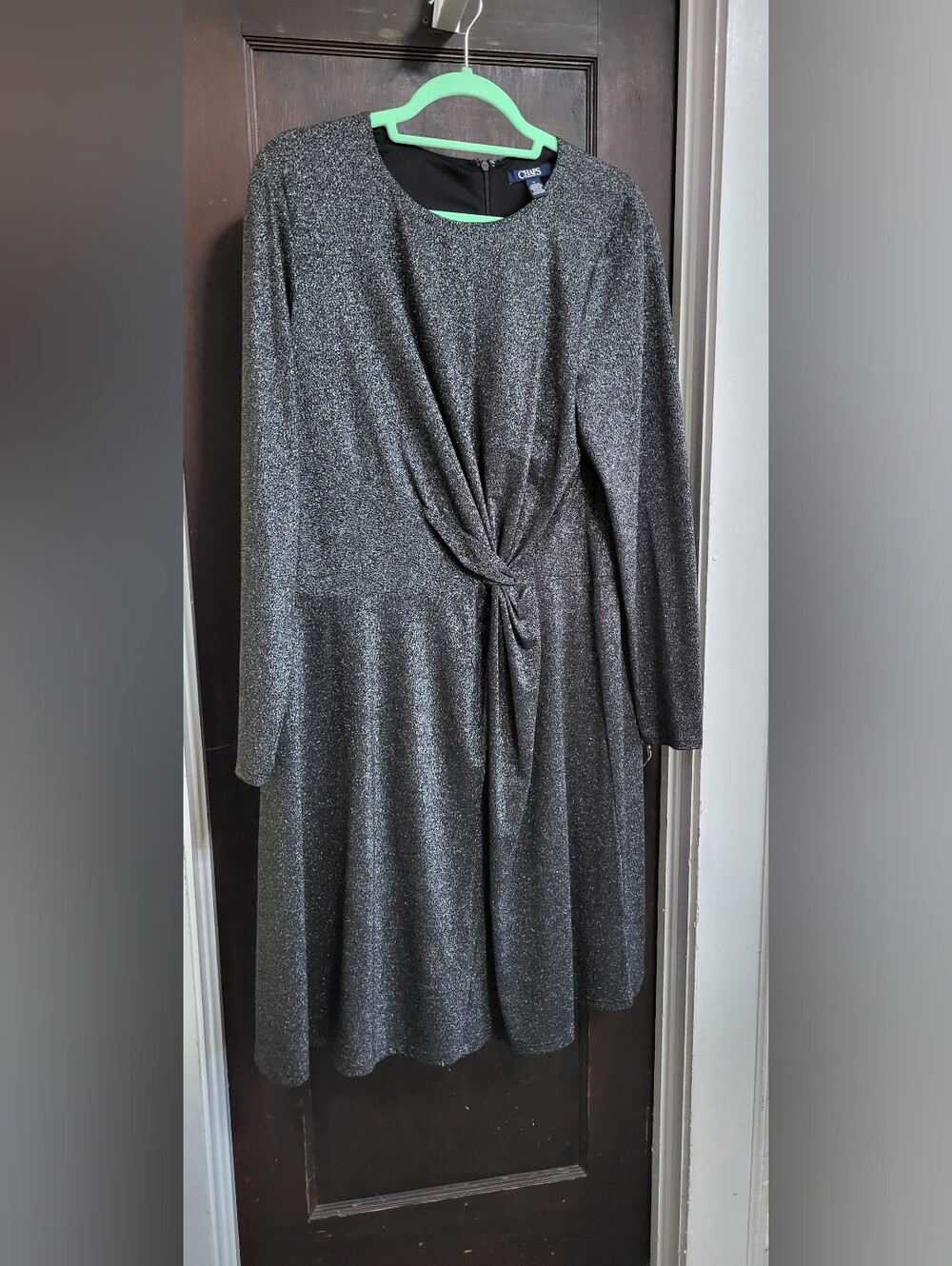 Chaps Sparkle Twist-Front Long Sleeve Dress in Black/Silver